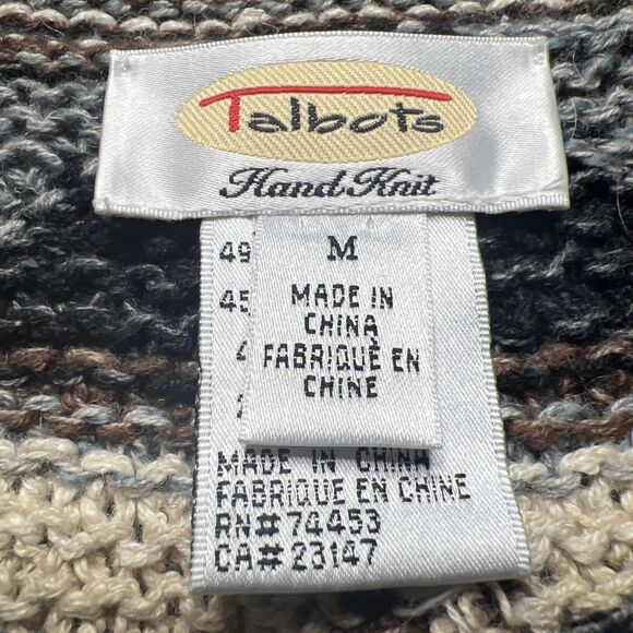 Vintage Talbots Hand Knit Cardigan Sweater Medium Geometric Aztec Neutral - Picture 2 of 8